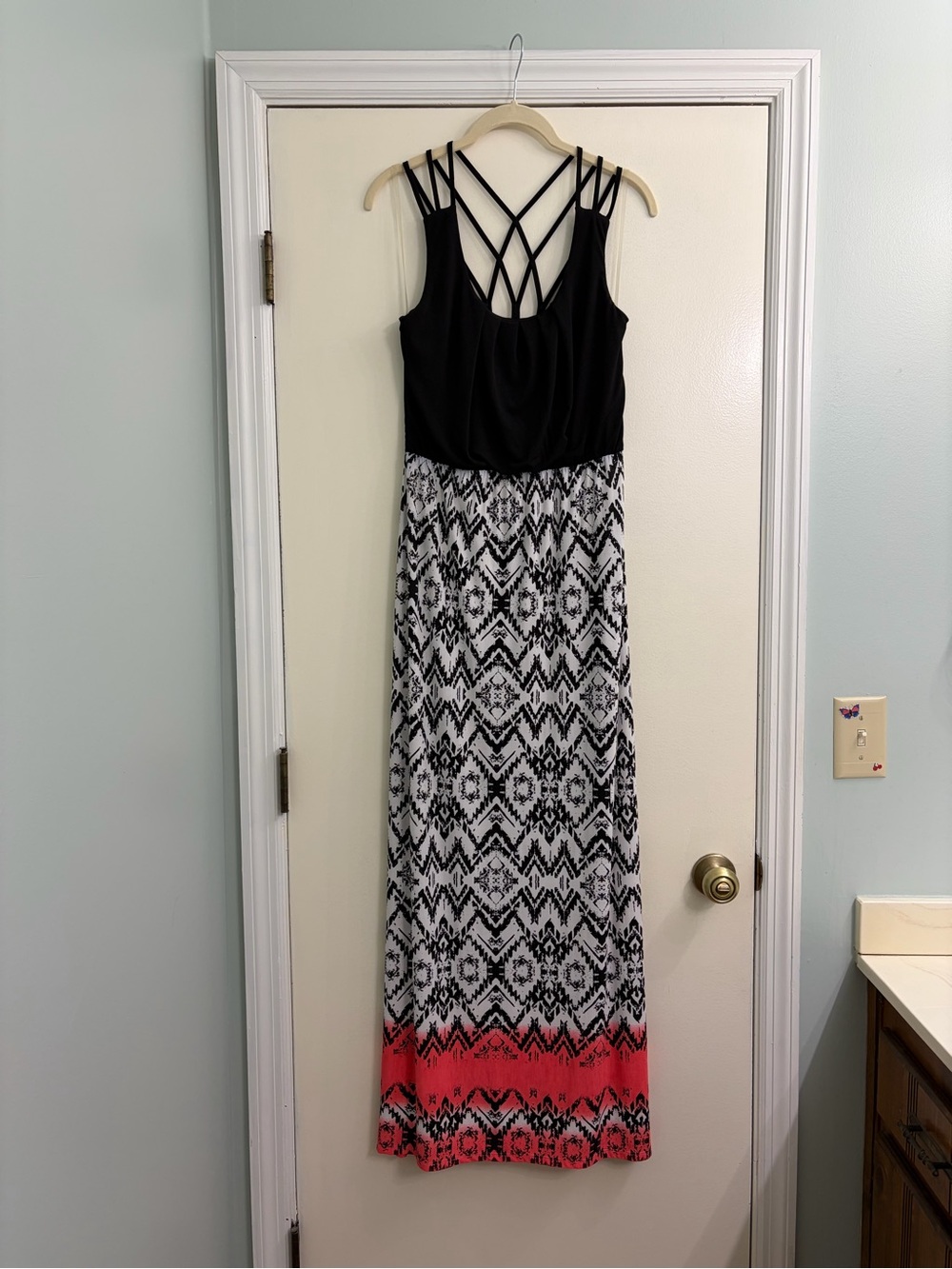Three Pink Hearts Black and White Maxi Dress with Coral Hem - Size M NWT